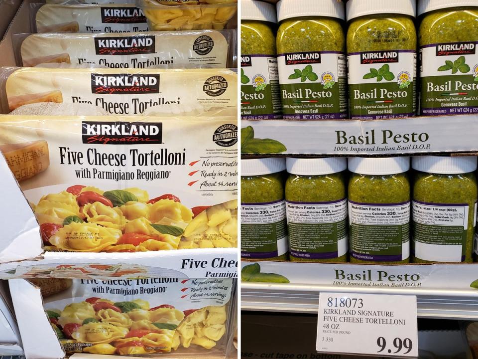 (left) bulk packages of cheese tortellini at costco (right) bulk jars of basil pesto at costco