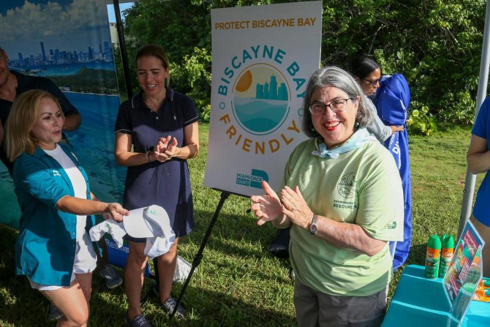 Miami-Dade County Mayor Daniella Levine-Cava, right, is joined by Commissioner Raquel Regalado, center, and Chief Bay Officer Irela Bague to unveil a new campaign during the Ghost Trap Rodeo event at Matheson Hammock Park & Marina.