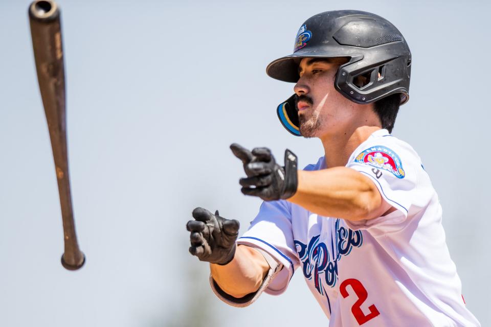 Amarillo Sod Poodles outfielder Corbin Carroll (2) against the Tulsa Drillers on Sunday, May 22, 2022, at HODGETOWN in Amarillo, Texas.