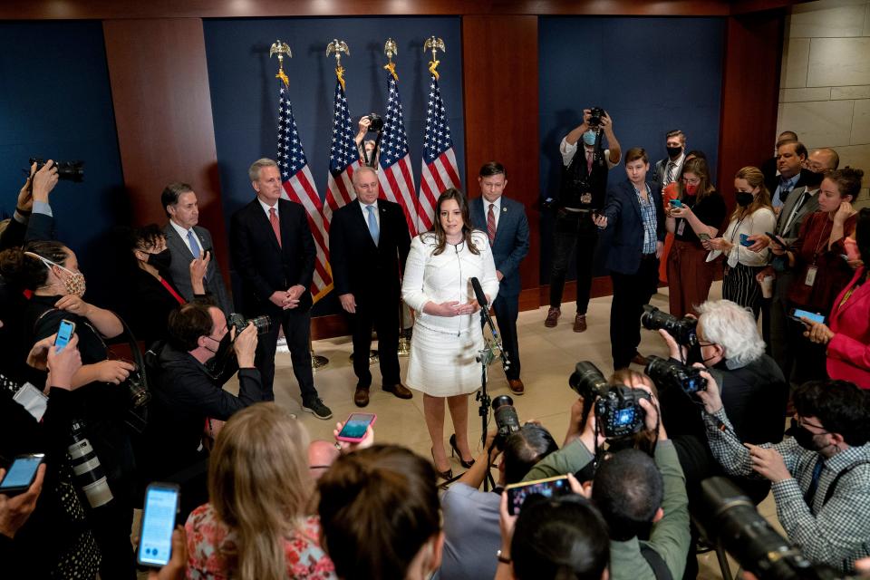Rep. Elise Stefanik (R-N.Y.) speaks to reporters on Capitol Hill in Washington, on May 14, 2021. Once a mainstream Republican from a moderate district, Ms. Stefanik, the party's No. 3 House leader, has embraced Trumpism and the extremists in her ranks.