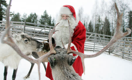 A man dressed as Santa Claus feeds reindeers at a reindeer farm in preparation for Christmas on the Arctic Circle in Rovaniemi, northern Finland, December 19, 2007. REUTERS/Kacper Pempel/File Photo