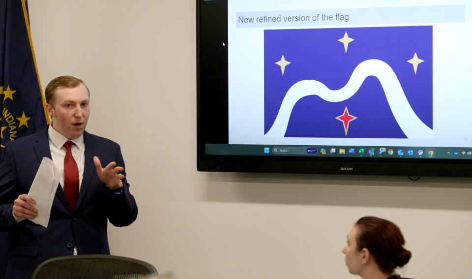 Joshua Lange presents a talk on his new version of a what he thinks a new Mishawaka city flag should look like Monday, March 4, 2024, before the Mishawaka Common Council.