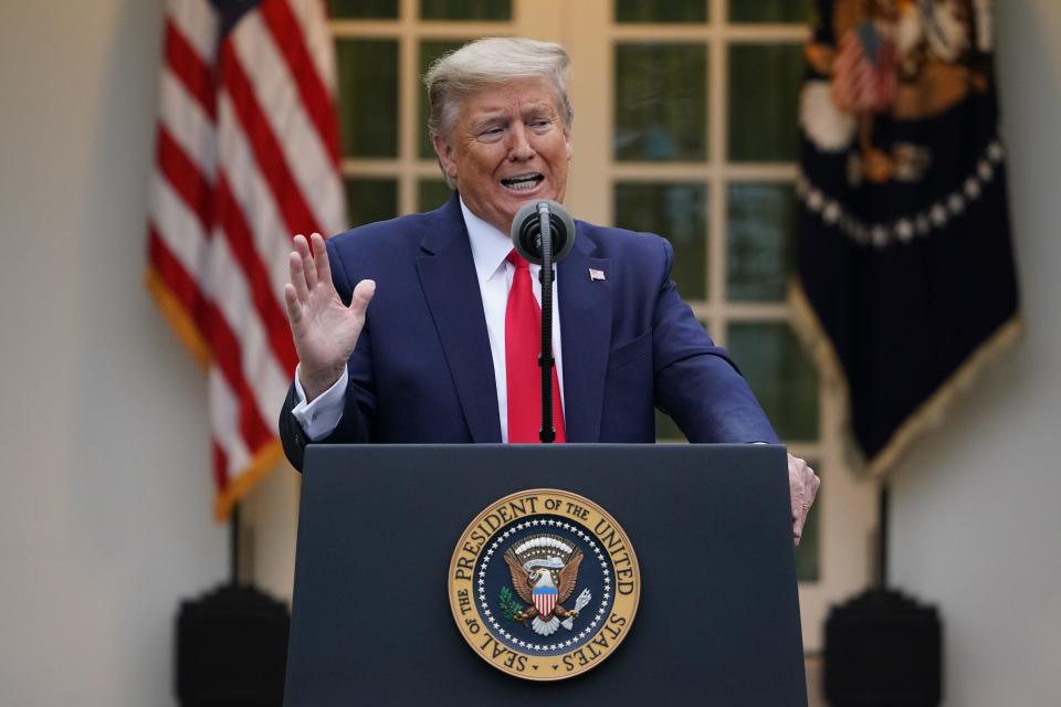 US President Donald Trump speaks during the daily briefing on the novel coronavirus, which causes COVID-19, in the Rose Garden of the White House on April 14, 2020, in Washington, DC. (Photo by MANDEL NGAN / AFP) (Photo by MANDEL NGAN/AFP via Getty Images)