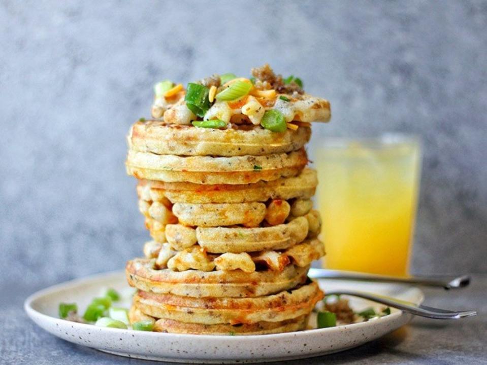 <p>Nosh and Nourish</p><p>You can pack these fluffy waffles with delicious ingredients to make them a perfect breakfast or lunch! Mini Savory Waffles with Crumbled Sausage Cheese and Scallions has a good balance of salty and hearty ingredients so you can fill up with the perfect waffle. </p><p><strong>Get The Recipe: <a href="https://noshandnourish.com/content/mini-savory-waffles-crumbled-sausage-cheese-scallions" rel="nofollow noopener" target="_blank" data-ylk="slk:Mini Savory Waffles Crumbled Sausage Cheese Scallions;elm:context_link;itc:0;sec:content-canvas" class="link ">Mini Savory Waffles Crumbled Sausage Cheese Scallions</a></strong></p>