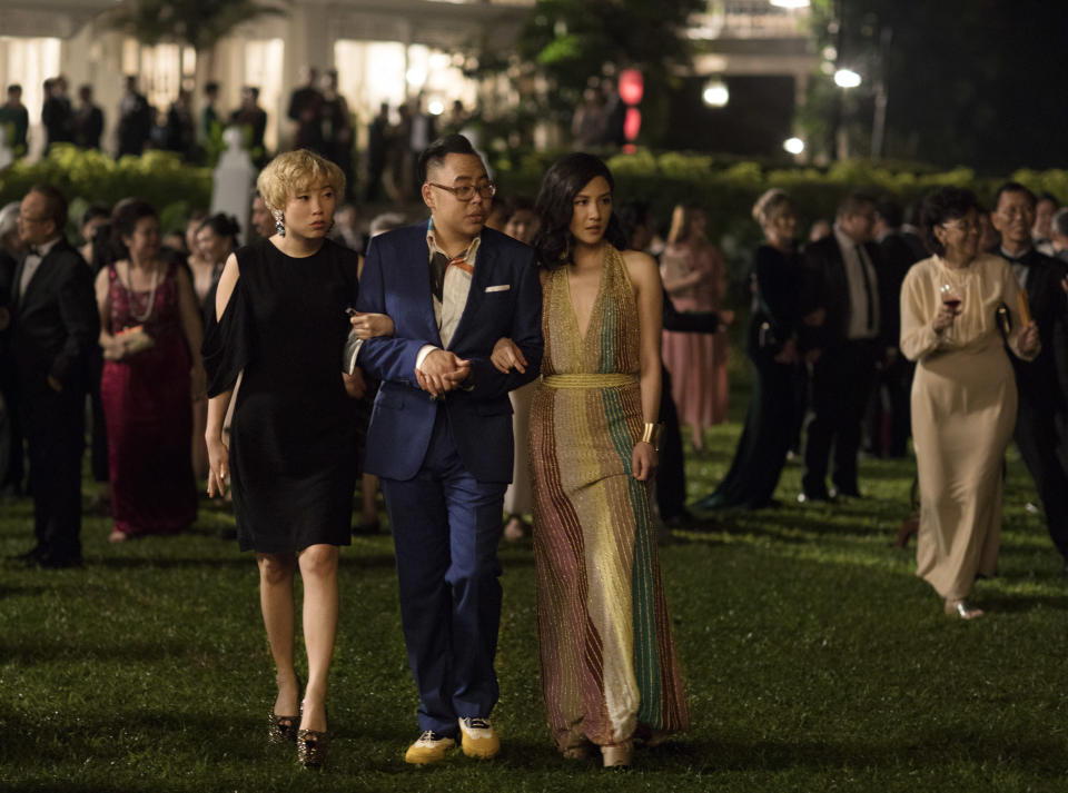 From left: Goh Peik Lin (Awkwafina), Oliver T’sien (Nicos Santos), and Rachel Chu (Constance Wu) at Tyersall Park in “Crazy Rich Asians”. (PHOTO: Warner Bros)