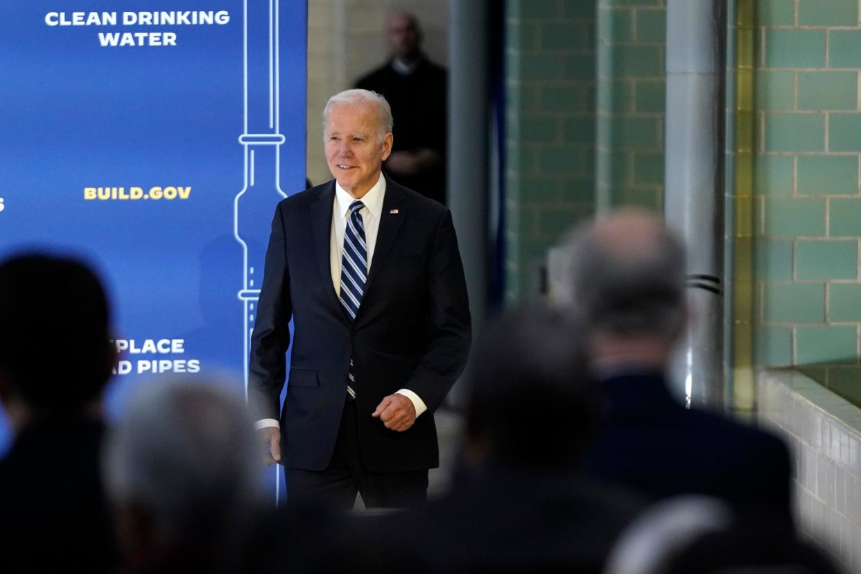 President Joe Biden arrives to speak about his infrastructure agenda while announcing funding to upgrade Philadelphia's water facilities and replace lead pipes, Friday, Feb. 3, 2023, at Belmont Water Treatment Center in Philadelphia.