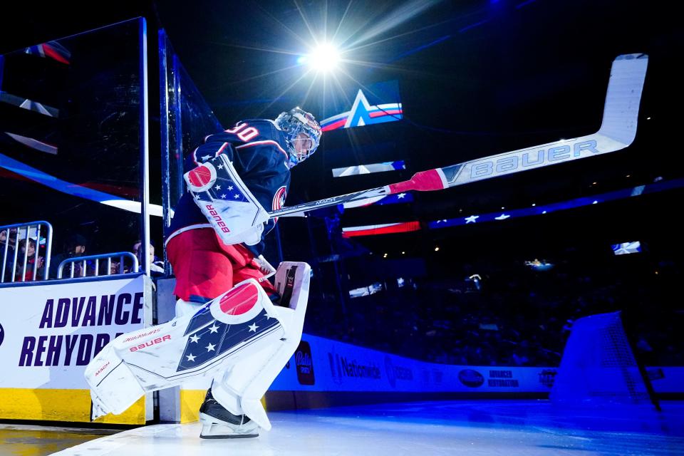 Mar 3, 2023; Columbus, Ohio, USA;  Columbus Blue Jackets goaltender Elvis Merzlikins (90) takes the ice prior to the NHL hockey game against the Seattle Kraken at Nationwide Arena. Mandatory Credit: Adam Cairns-The Columbus Dispatch
