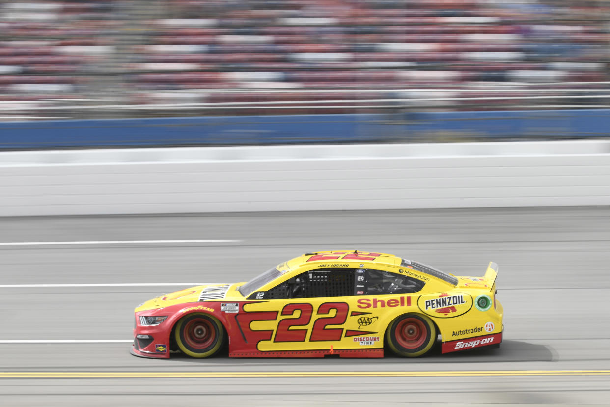 Oct 4, 2021; Talladega, Alabama, USA; NASCAR Cup Series driver Joey Logano (22) during the YellaWood 500 at Talladega Superspeedway. Mandatory Credit: Adam Hagy-USA TODAY Sports