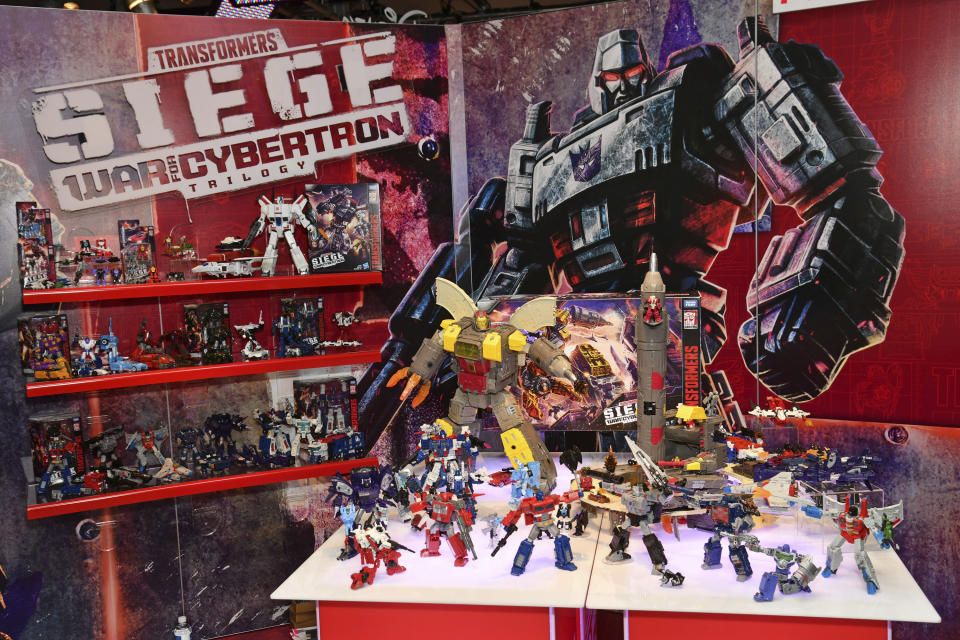 IMAGE DISTRIBUTED FOR HASBRO - The TRANSFORMERS: WAR FOR CYBERTRON collection, which introduces an expansive ecosystem of collectible TRANSFORMERS figures, is on display at the Hasbro, Inc. showroom during American International Toy Fair on Saturday, Feb. 16, 2019 in New York. Figures in the line include story-inspired details, and allow fans to build the ultimate battlefield. (Charles Sykes/AP Images for Hasbro)