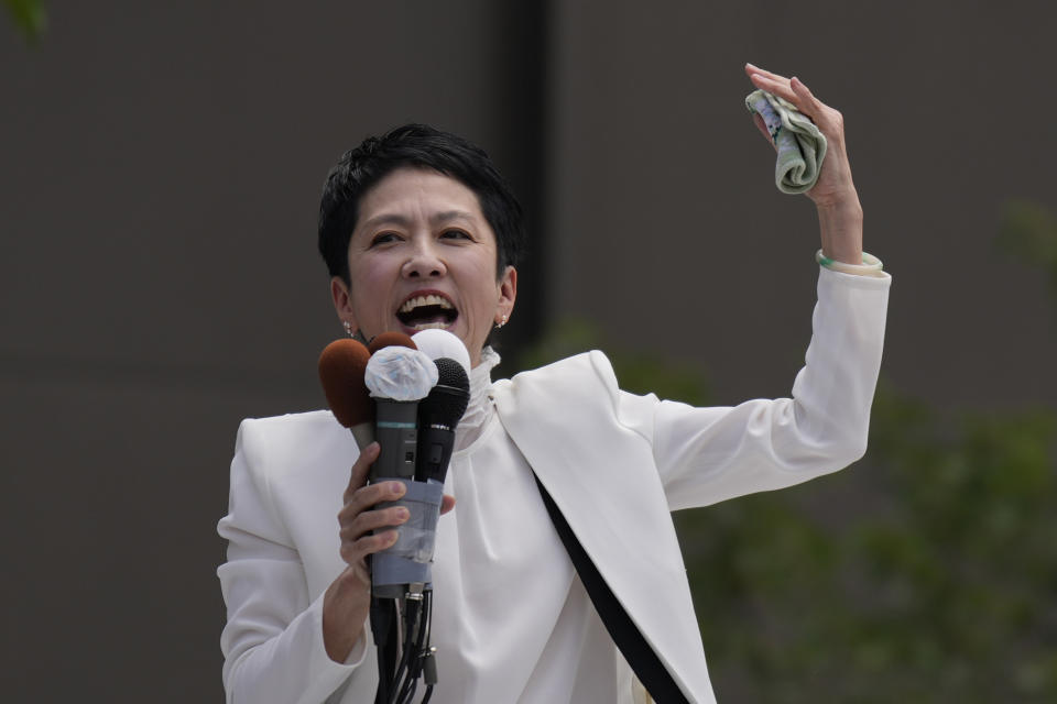 Renho, a Tokyo gubernatorial election candidate and a member of the House of Councilors, speaks during her campaign in Tokyo, as electoral activities for the Tokyo's gubernatorial election are officially allowed Thursday, June 20, 2024. Renho Saito, who usually goes by her first name, is one of over 20 candidates against incumbent Tokyo Gov. Yuriko Koike, who is also running for the post for her third term. (AP Photo/Hiro Komae)