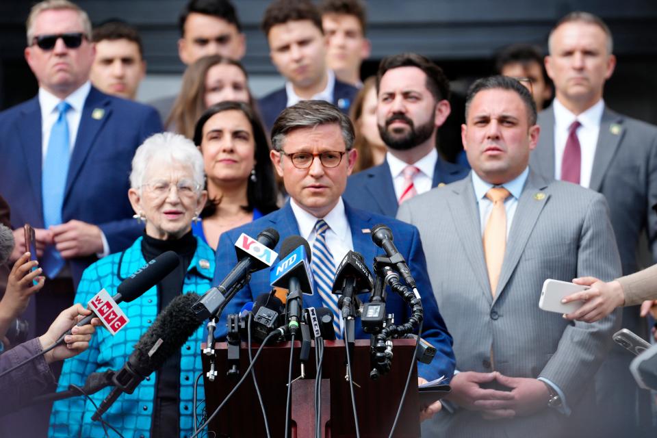 Speaker Mike Johnson, is shown on the campus of Columbia University, Wednesday, April 24, 2024, in New York City. ORG XMIT: NNJ-878469 (Via OlyDrop)