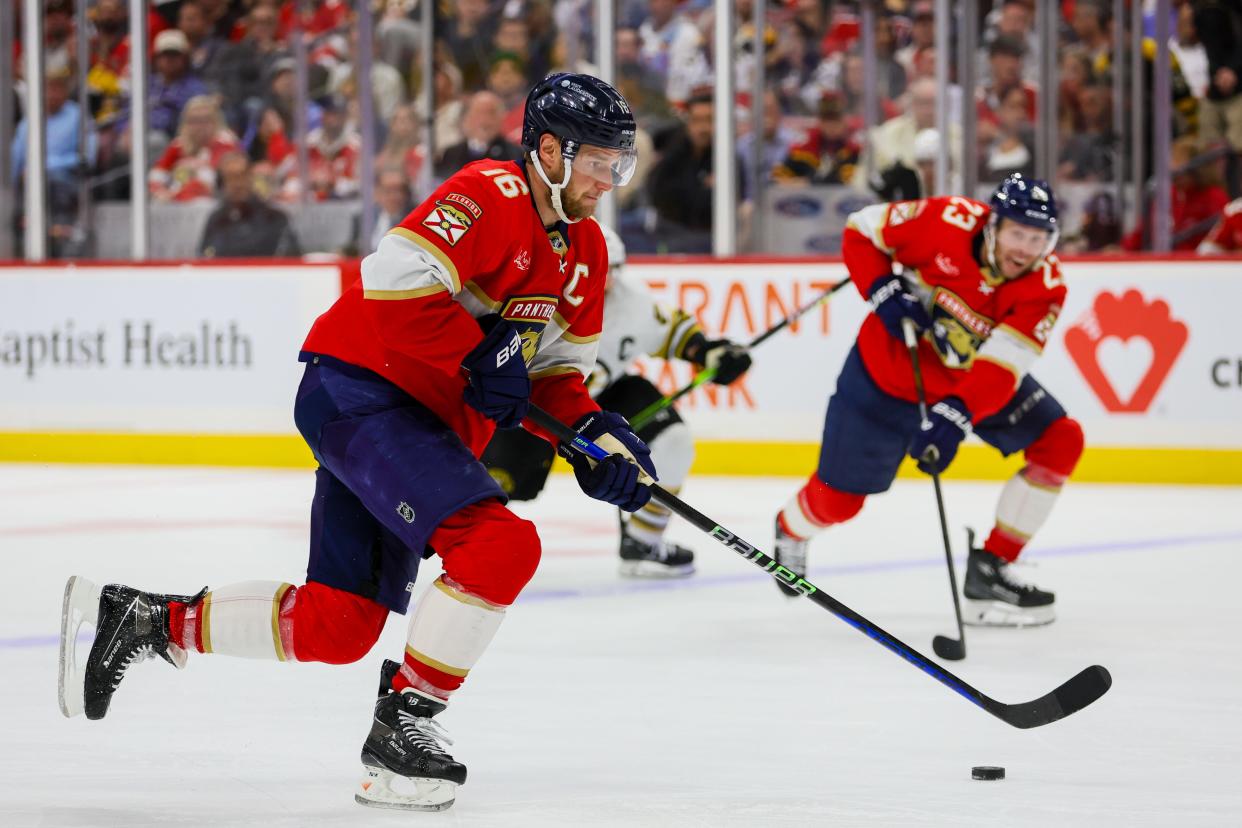 May 8, 2024; Sunrise, Florida, USA; Florida Panthers center Aleksander Barkov (16) moves the puck against the Boston Bruins during the third period in game two of the second round of the 2024 Stanley Cup Playoffs at Amerant Bank Arena. Mandatory Credit: Sam Navarro-USA TODAY Sports