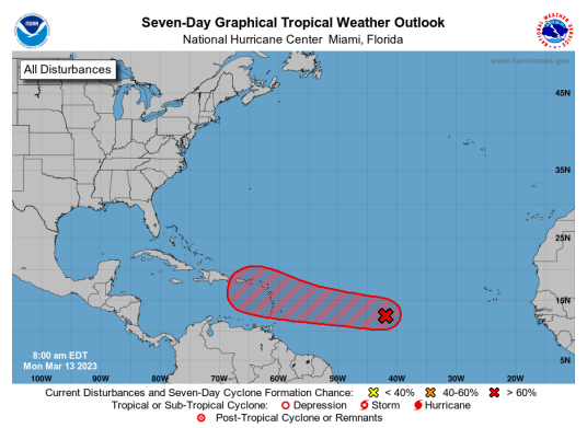 The National Hurricane Center issued an example of how a forecast cone extending out seven days could look in 2023.