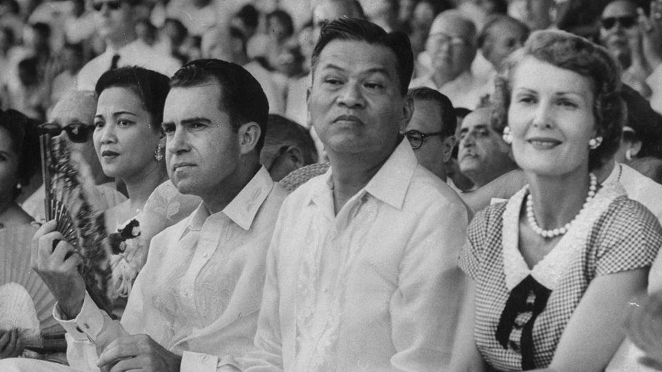 From left: First Lady of the Philippines, Luz Magsaysay; United States Vice President Richard Nixon; Philippine President Ramon Magsaysay and Second Lady of the United States, Pat Nixon, attend July 4th celebrations in Manila in 1956 — both Richard Nixon and Ramon Magsaysay wear barongs. - John Dominis/The LIFE Picture Co/Shutterstock