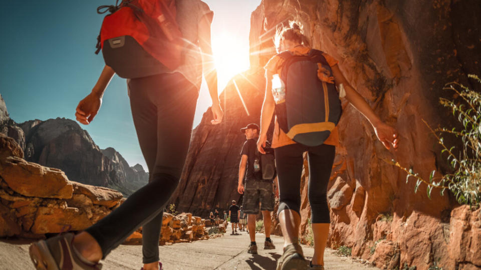 friends hiking in the canyon