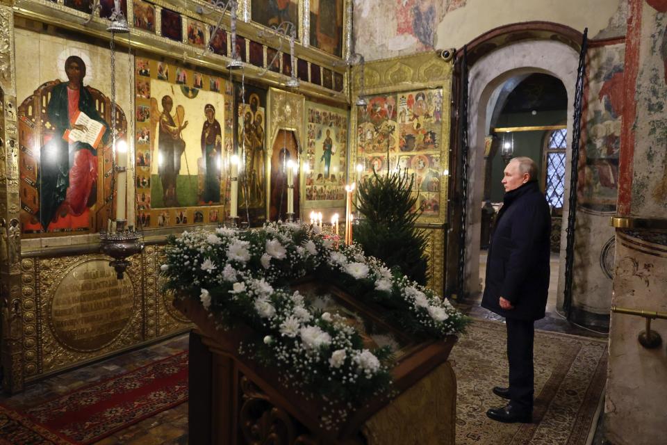 Russian President Vladimir Putin attends a Christmas service at the Annunciation Cathedral in Kremlin in Moscow, Russia, on Friday, Jan. 6, 2023. Orthodox Christians celebrate Christmas on Jan. 7, in accordance with the Julian calendar. Putin sent Russian forces into Ukraine on Feb. 24, 2022, and appears determined to prevail. (Mikhail Klimentyev, Sputnik, Kremlin Pool Photo via AP, File)