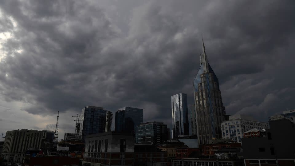 A storm front approaches downtown Nashville, Tenn., which spawned an apparent tornado north of the cit on, Saturday. - Nicole Hester/The Tennessean/AP