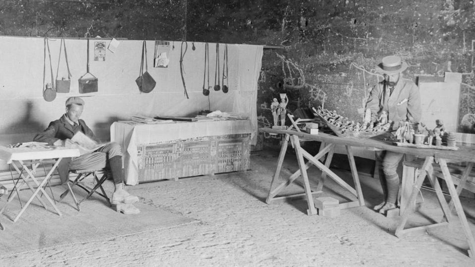 Professor John Garstang (right) and a colleague with Egyptian artefacts 