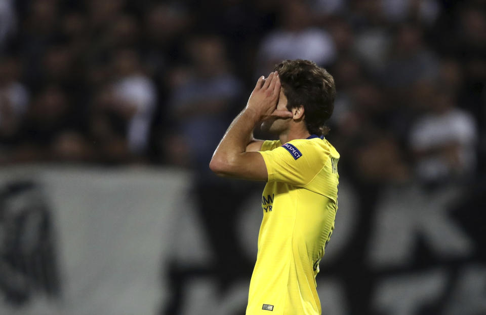 Chelsea's Marcos Alosno reacts after missing a chance to score during a Group L Europa League soccer match between PAOK and Chelsea at Toumba stadium in the northern Greek port city of Thessaloniki, Thursday, Sept. 20, 2018. (AP Photo/Thanassis Stavrakis)