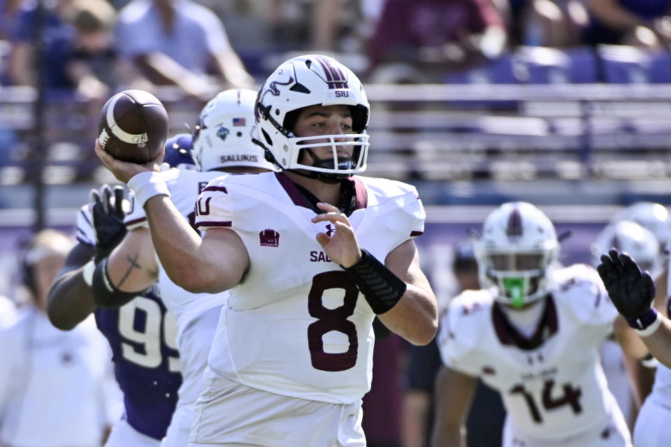 Southern Illinois quarterback Nic Baker (8) looks to pass against Northwestern during the first half of an NCAA college football game Saturday, Sept. 17, 2022, in Evanston, Ill. (AP Photo/Matt Marton