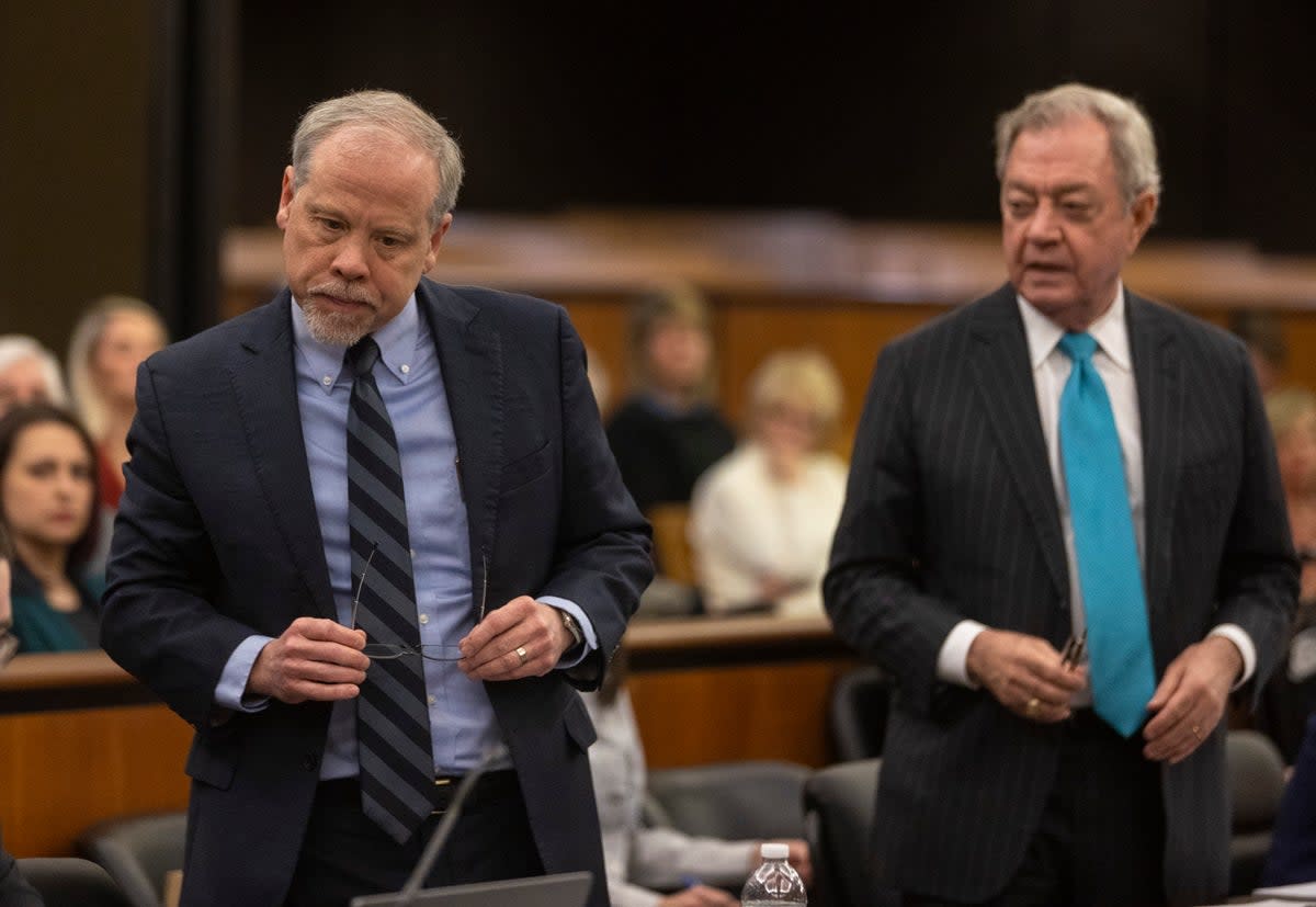 Prosecutor Creighton Waters, left, and defense attorney Dick Harpootlian stand during the Alex Murdaugh jury-tampering hearing (AP)