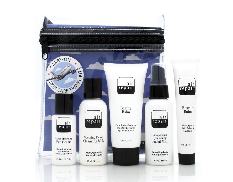 This undated image provided by the website 3floz.com shows the company’s Air Repair Kit, which includes skin care products designed for travelers. The 3floz.com website specializes in selling health and beauty products in sizes that are permitted in carry-on luggage on airplanes by the Transportation Security Administration. (AP Photo/3floz.com)
