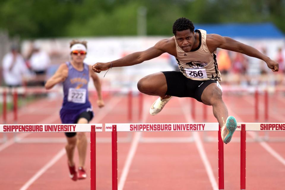 Truman's Anthony Collins places 6th in boys 3A 300-meter hurdles prelims with 39.42 at PIAA Track and Field Championship at Shippensburg University on Friday, May 27, 2022.