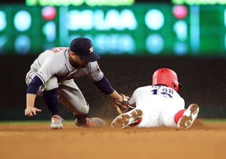 Apr 1, 2019; Arlington, TX, USA; Houston Astros second baseman Jose Altuve (27) tags out Texas Rangers second baseman Rougned Odor (12) trying to steal second base during the seventh inning at Globe Life Park in Arlington. Mandatory Credit: Kevin Jairaj-USA TODAY Sports