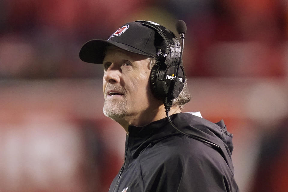 Utah head coach Kyle Whittingham looks at the scoreboard during the second half of an NCAA college football game against Arizona Saturday, Nov. 5, 2022, in Salt Lake City. (AP Photo/Rick Bowmer)