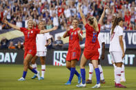 United States' Morgan Brian (6), Carli Lloyd (10) and Lindsey Horan (9) celebrate after a goal by Brian during the first half of the team's international friendly soccer match against Portugal, Thursday, Aug. 29, 2019, in Philadelphia. (AP Photo/Matt Slocum)