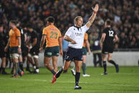 Referee Andrew Brace awards a penalty try to New Zealand during the Bledisloe Cup rugby test match between the All Blacks and the Wallabies at Eden Park in Auckland, New Zealand, Saturday, Sept. 24, 2022. (Andrew Cornaga/Photosport via AP)