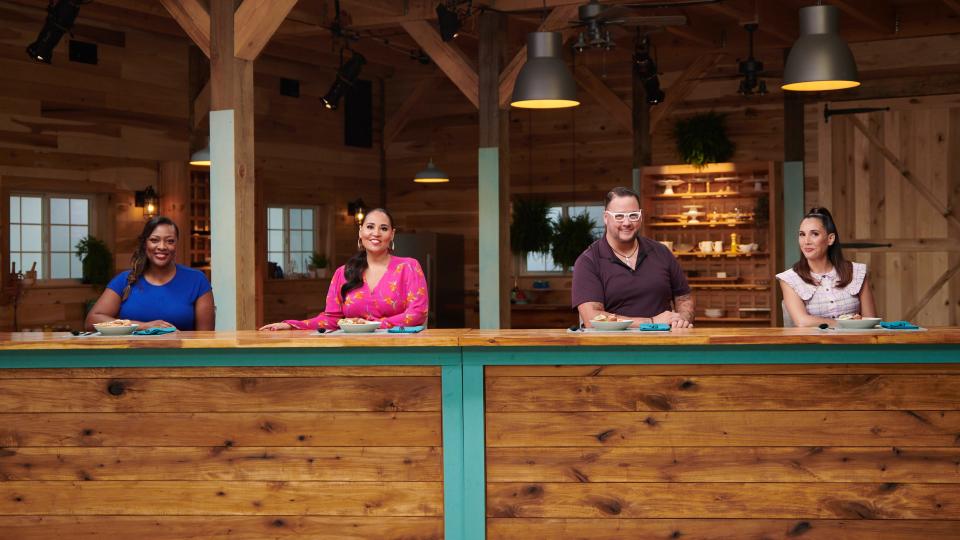 Judges Tiffany Derry, Graham Elliot and Leah Cohen (far right) with host Alejandra Ramos (in pink) on the set of "The Great American Recipe," a new show on PBS.