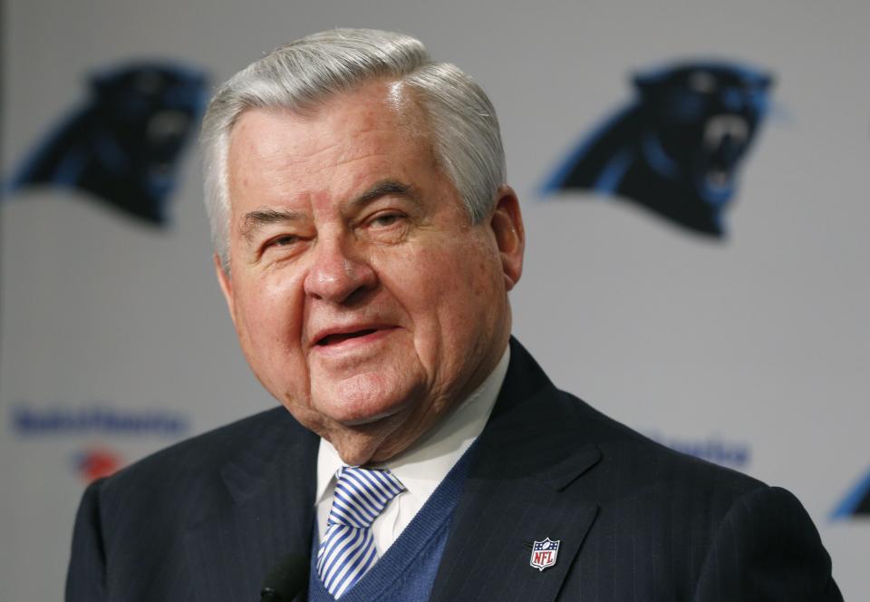 FILE - Carolina Panthers owner Jerry Richardson speaks during a news conference for the NFL football team in Charlotte, N.C., Jan. 15, 2013. Richardson, the Carolina Panthers founder and for years one of the NFL’s most influential owners until a scandal forced him to sell the team, has died. He was 86. Richardson died peacefully Wednesday night, March 1, 2023, at his Charlotte home, the team said in a statement. (AP Photo/Chuck Burton, File)