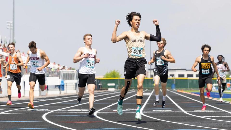 David Gummersall of Vallivue takes first place in the 4A boys 400 meters at the state track and field championships Saturday at Mountain View High School.