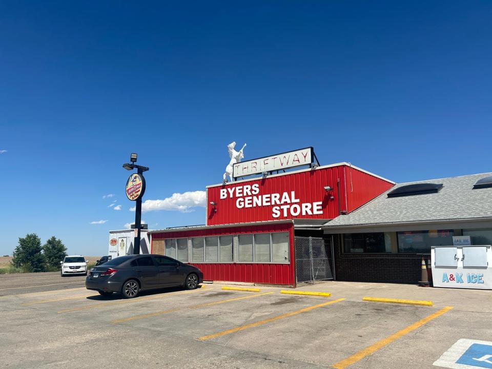 A short drive from Shooters Bar & Grill in Byers is a general store; the rural community is representative of many agricultural towns within the district Boebert hopes to represent (Sheila Flynn)