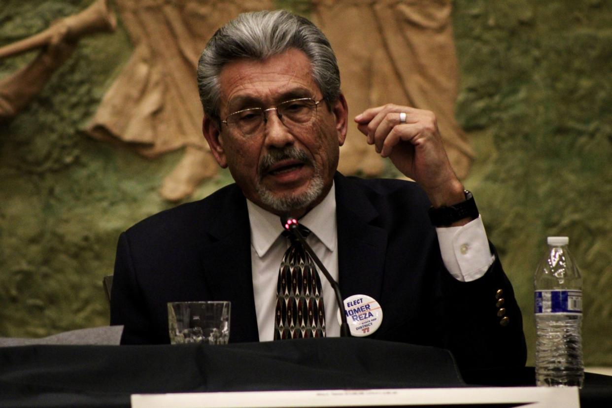 Homer Reza speaks during a forum for candidates in the Texas House District 77 race on Thursday, Feb. 15, 2024. The event was hosted by the El Paso Chamber and Raise Your Hand Texas, an Austin-based education advocacy group.