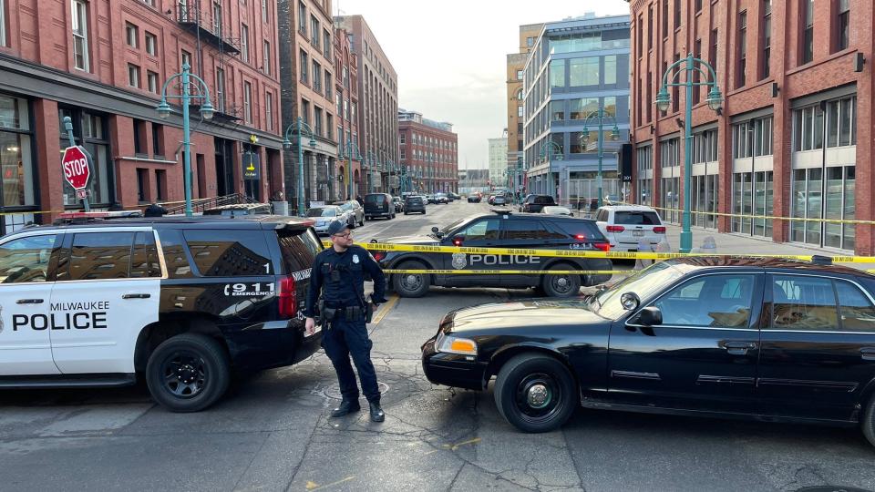 The scene where an off duty officer was reportedly shot multiple times near Water and Buffalo in Milwaukee on Thursday, Jan. 13, 2022.