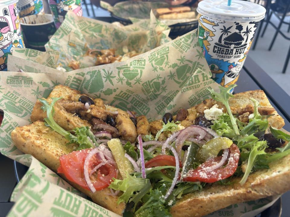 Try the Apollo 13, a garlic butter bread Greek sandwich with grilled chicken breast, kalamata olives, feta, spring mix, tomato, red onion, a pickle slice and Shake and Greek dressing at Cheba Hut, 730 Sunland Park Dr. Suite 200.