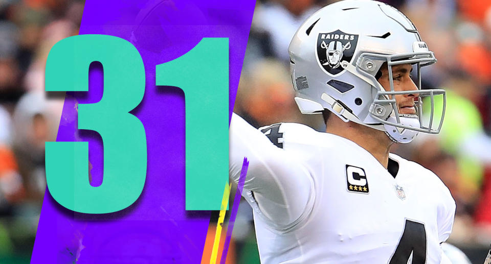 <p>Did you know Derek Carr hasn’t thrown an interception since Oct. 7? Over Carr’s past nine games: 194-of-293, 2,056 yards, 12 touchdowns, no interceptions, 100.1 rating. (Derek Carr) </p>