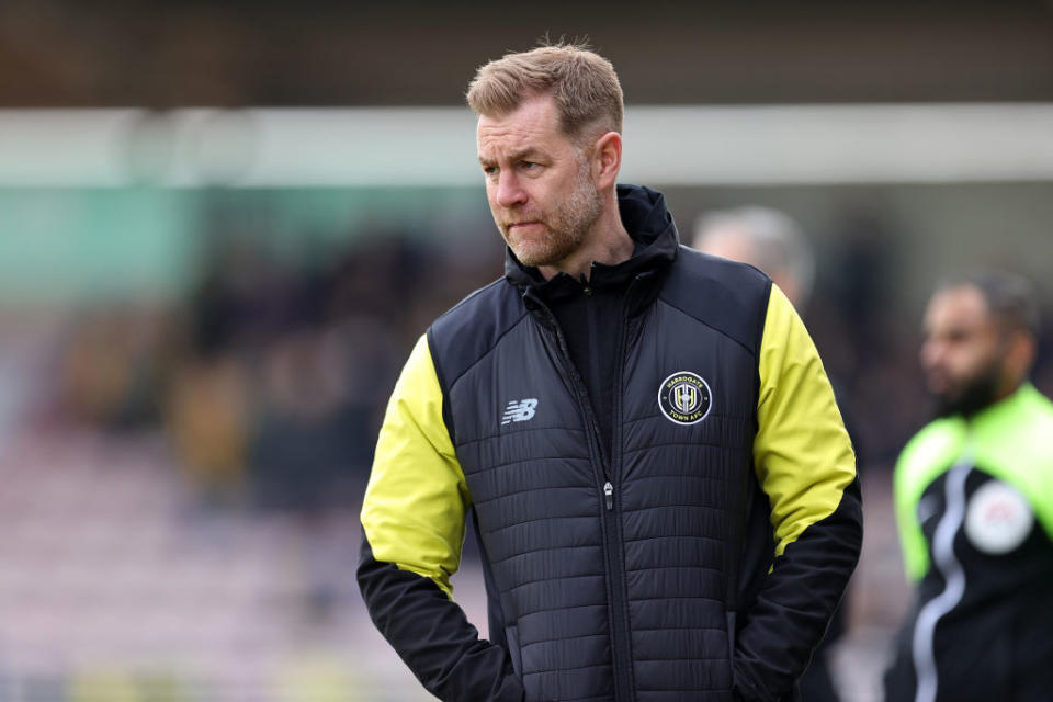 Harrogate Town manager Simon Weaver looks on during the Sky Bet League Two between Northampton Town and Harrogate Town at Sixfields on April 22, 2023 in Northampton, England. (Photo by Pete Norton/Getty Images)