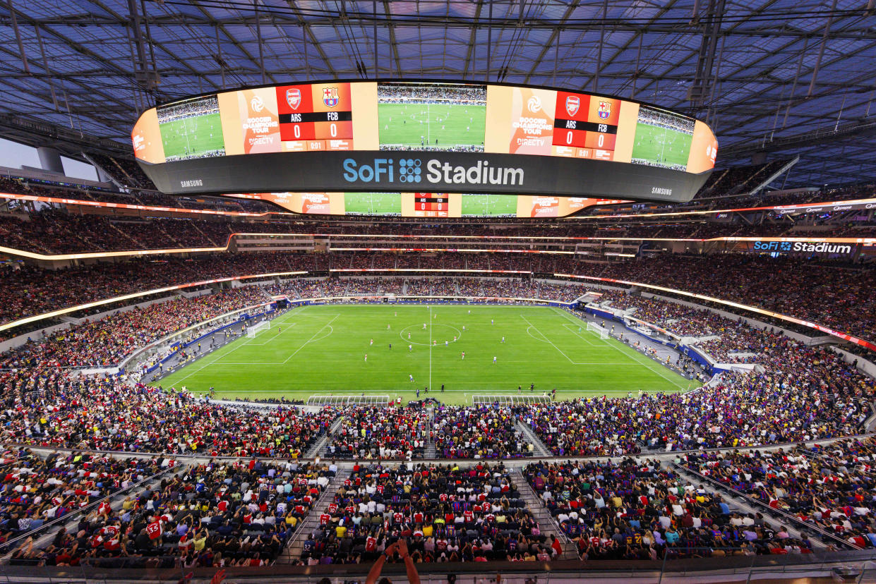 INGLEWOOD, CA - JULY 26: General view of SoFi Stadium from an elevated level during the Soccer Champions Tour, Arsenal vs Barcelona on July 26, 2023 at SoFi Stadium in Inglewood, CA. (Photo by Ric Tapia/Icon Sportswire via Getty Images)