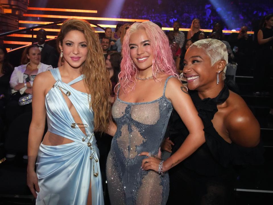 Shakira, Karol G, and Tiffany Haddish attend the 2023 MTV Video Music Awards on September 12, 2023 in Newark, New Jersey.