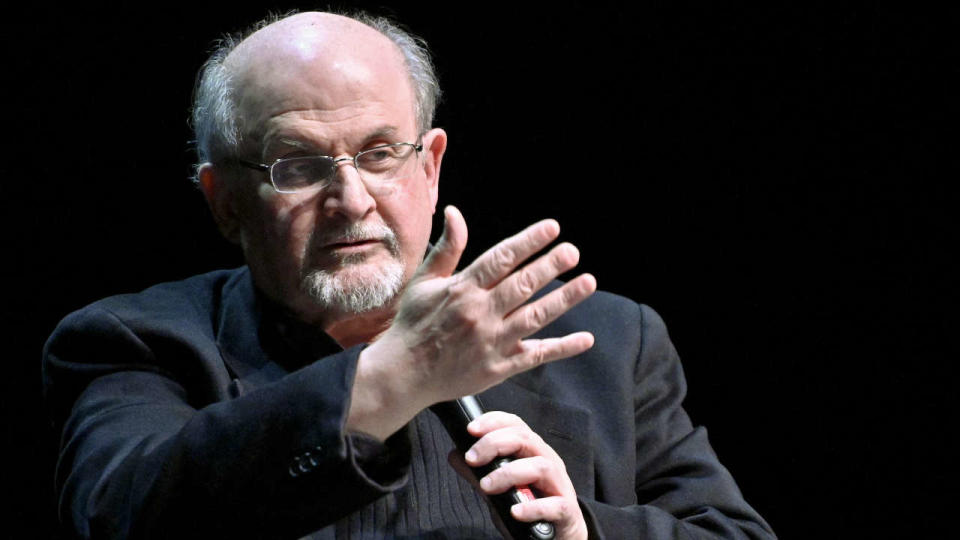 British author Salman Rushdie speaks as he presents his book 