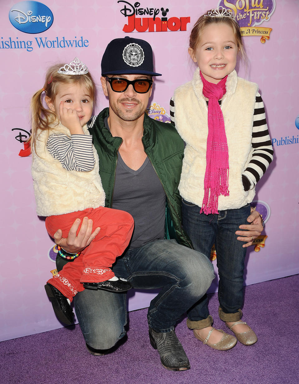 BURBANK, CA - NOVEMBER 10:  Actor Joey Lawrence and daughters Liberty Grace Lawrence (L) and Charleston Lawrence (R) attend the premiere of "Sofia The First: Once Upon a Princess" at Walt Disney Studios on November 10, 2012 in Burbank, California.  (Photo by Jason LaVeris/FilmMagic)