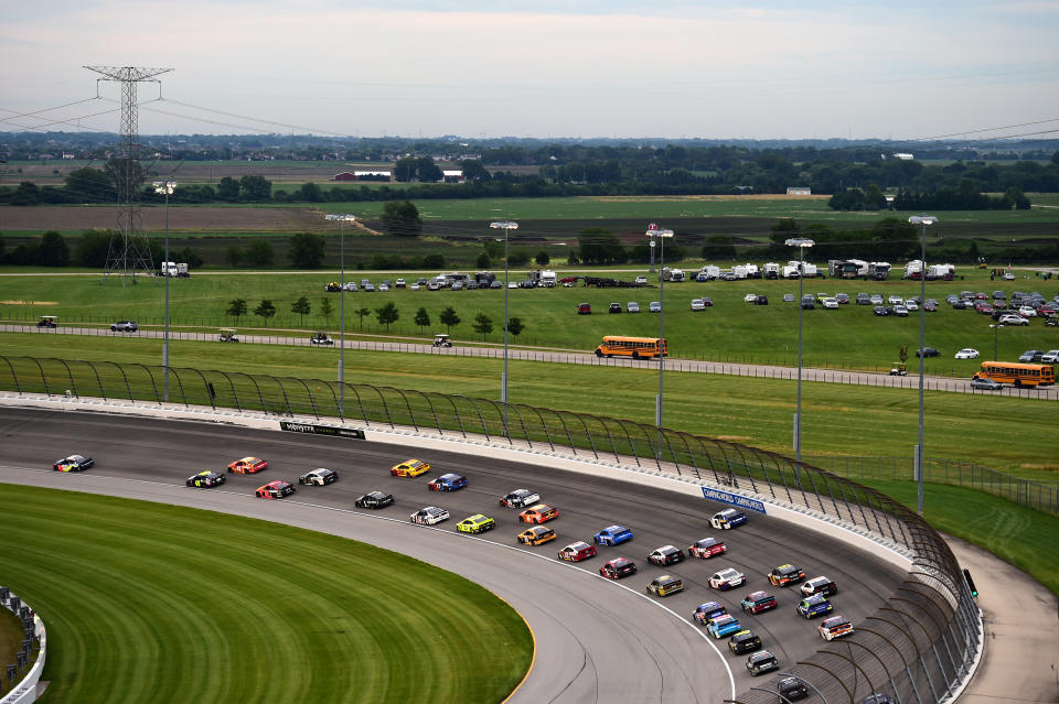 JOLIET, ILLINOIS - JUNE 30: Alex Bowman, driver of the #88 Axalta Chevrolet, leads the field during the Monster Energy NASCAR Cup Series Camping World 400 at Chicagoland Speedway on June 30, 2019 in Joliet, Illinois. (Photo by Jared C. Tilton/Getty Images)