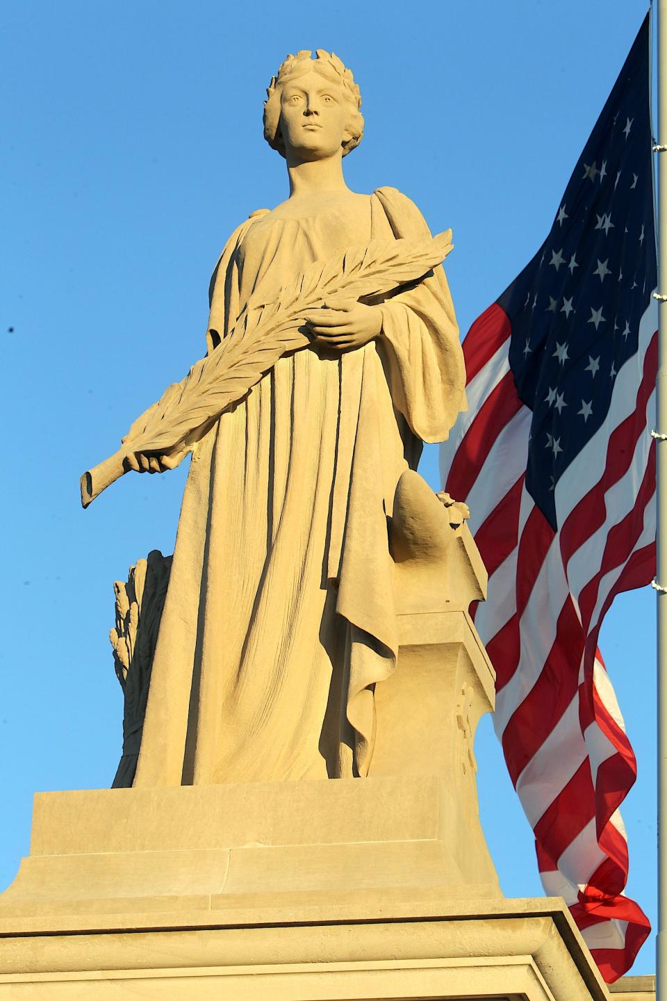 The Miss Indiana Statue atop the Lawrence County Soldiers, Sailors, and Pioneers Monument Monday, Nov. 27, 2023.