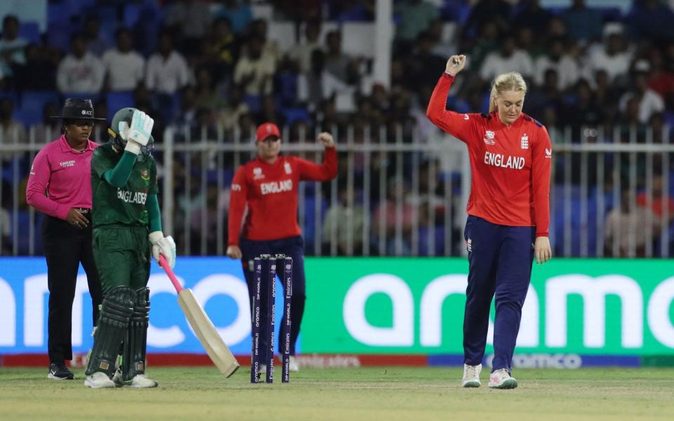 Sarah Glenn celebrates taking a wicket