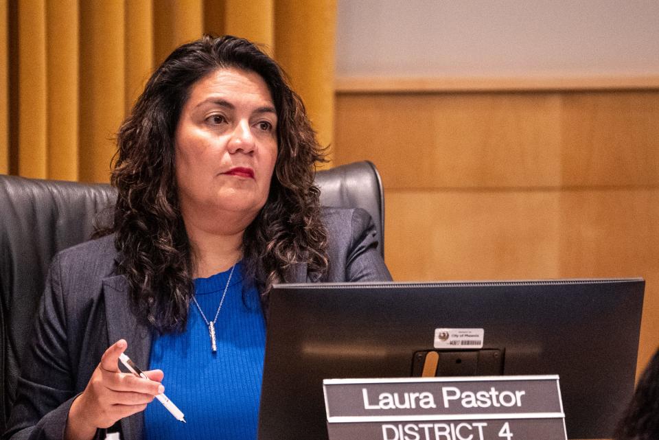 Phoenix District 4 Councilmember Laura Pastor attends a city council meeting in Phoenix on April 19, 2023.