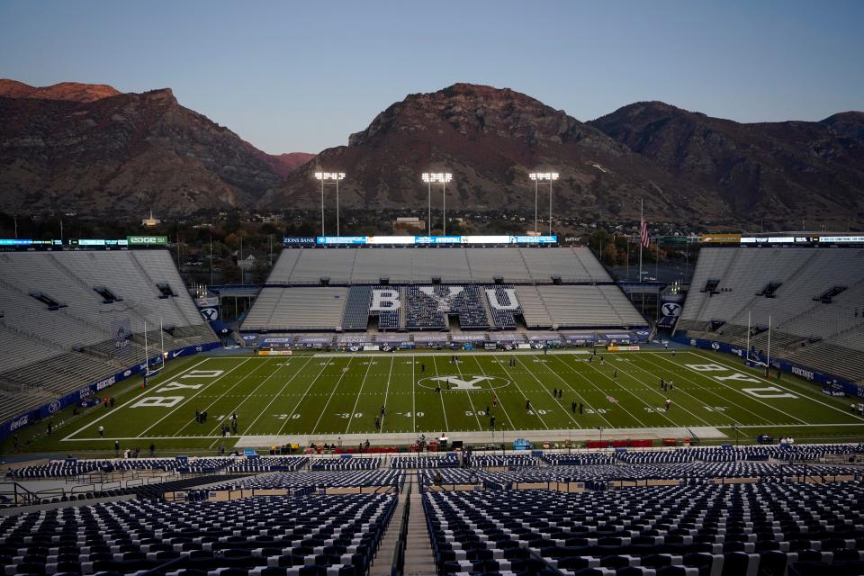 LaVell Edwards Stadium pictured on Oct. 31, 2020, in Provo, Utah, before an college football game between BYU and Western Kentucky.