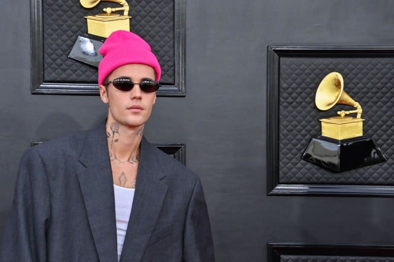 Justin Bieber arrives for the 64th annual Grammy Awards at the MGM Grand Garden Arena in Las Vegas on April 3, 2022. The singer turns 30 on March 1. File Photo by Jim Ruymen/UPI